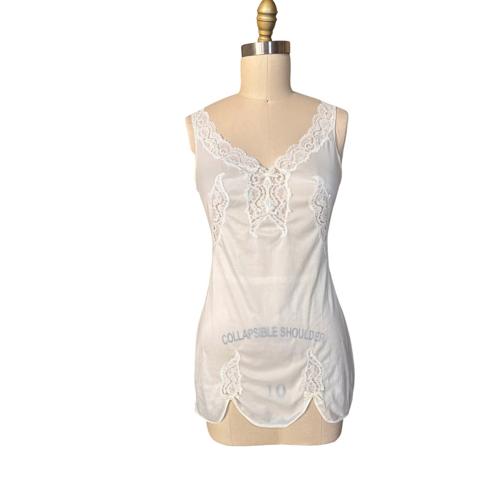 Vintage Enka Perlon Chemise Slip Lace Trim Bow Detail White Angelcore